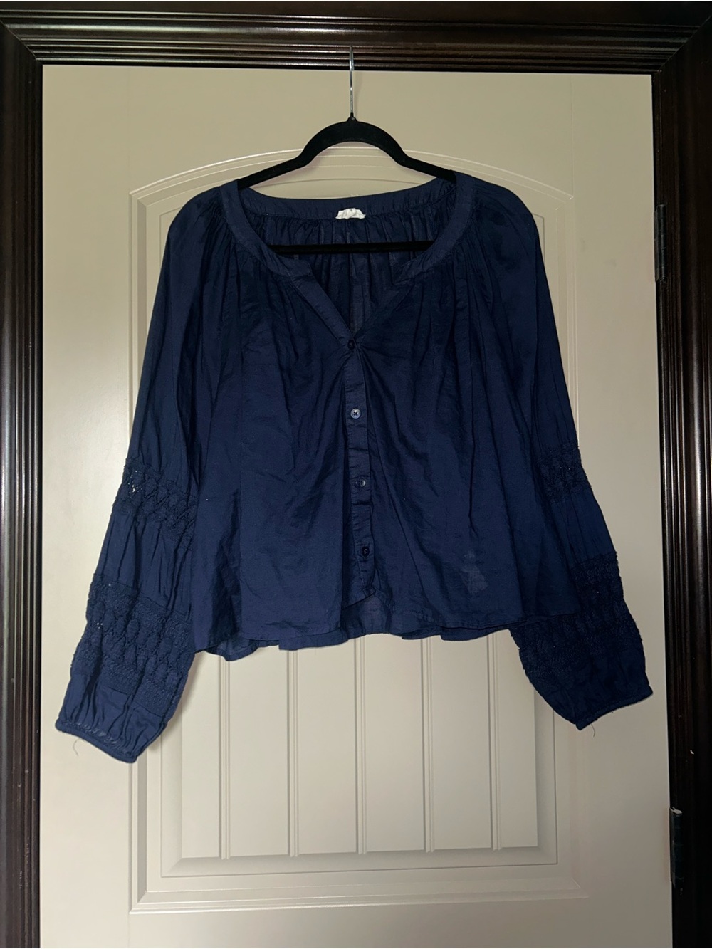 aerie Navy Button-Front Peasant Top